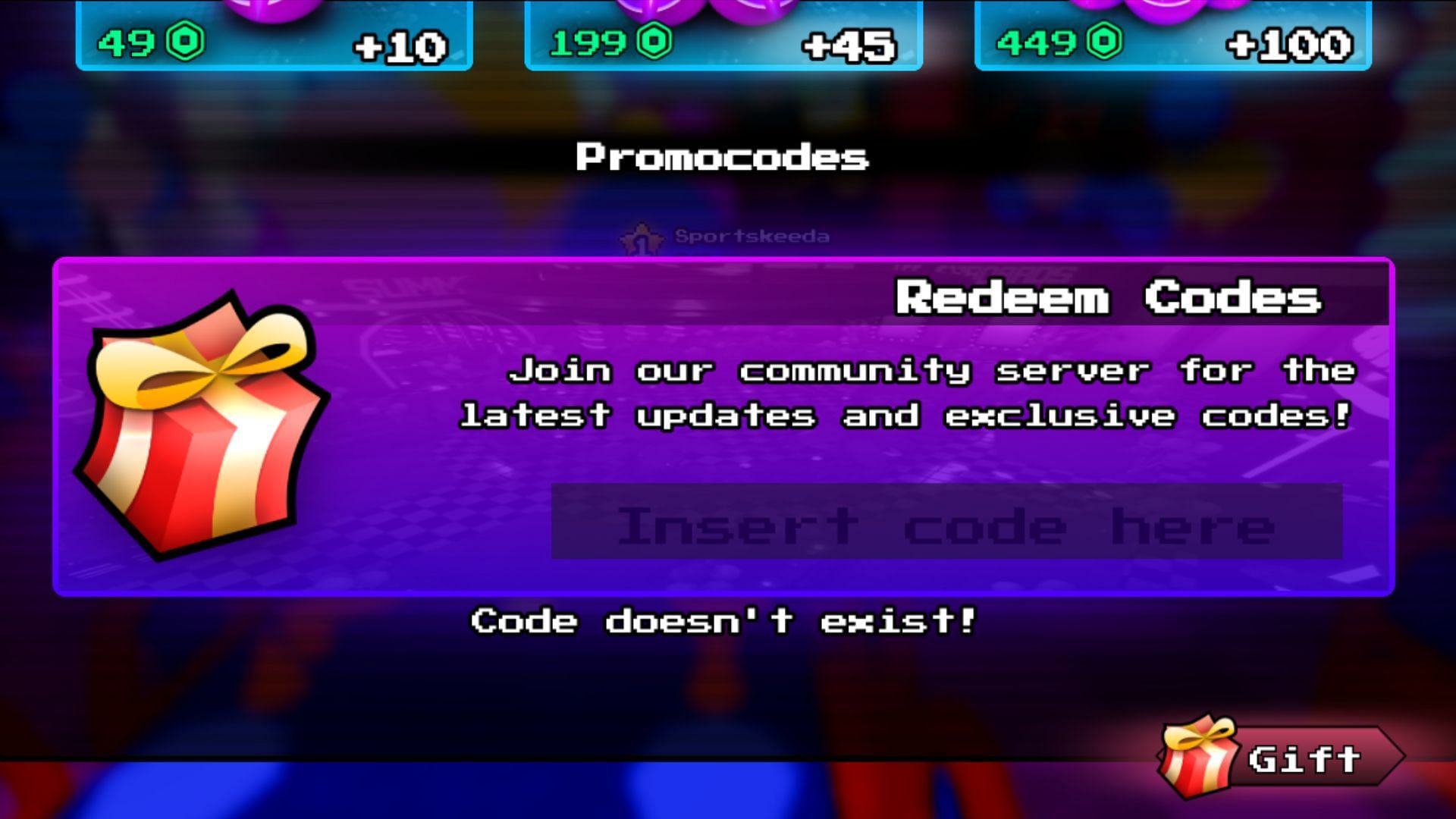 A "Code doesn't exist!" error in Five Nights Hunted (Image via Roblox)